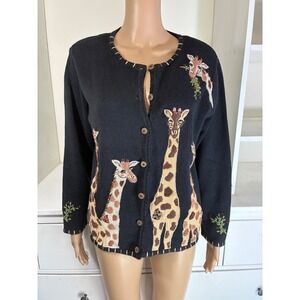 Black Vintage 80s Giraffe Embroidered Button Up Cardigan Sweater Womens L
